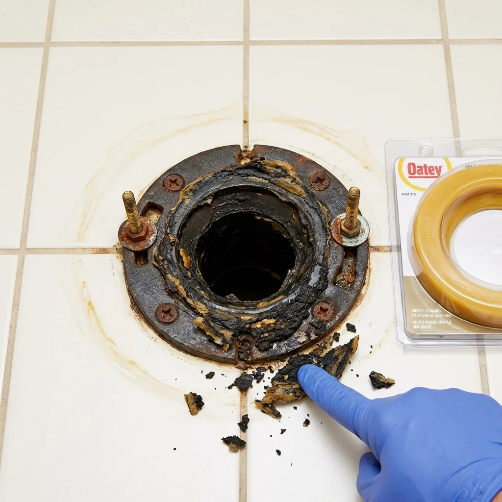 Failed wax ring showing water seepage at the base of a toilet in a Sullivan, ME home