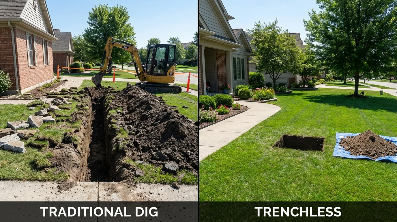Trenchless sewer repair with minimal yard damage versus traditional excavation in Sullivan, ME